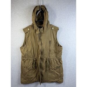 LE3NO Vest Womens Large Green Hooded Military Utility Zip Pockets Drawstring